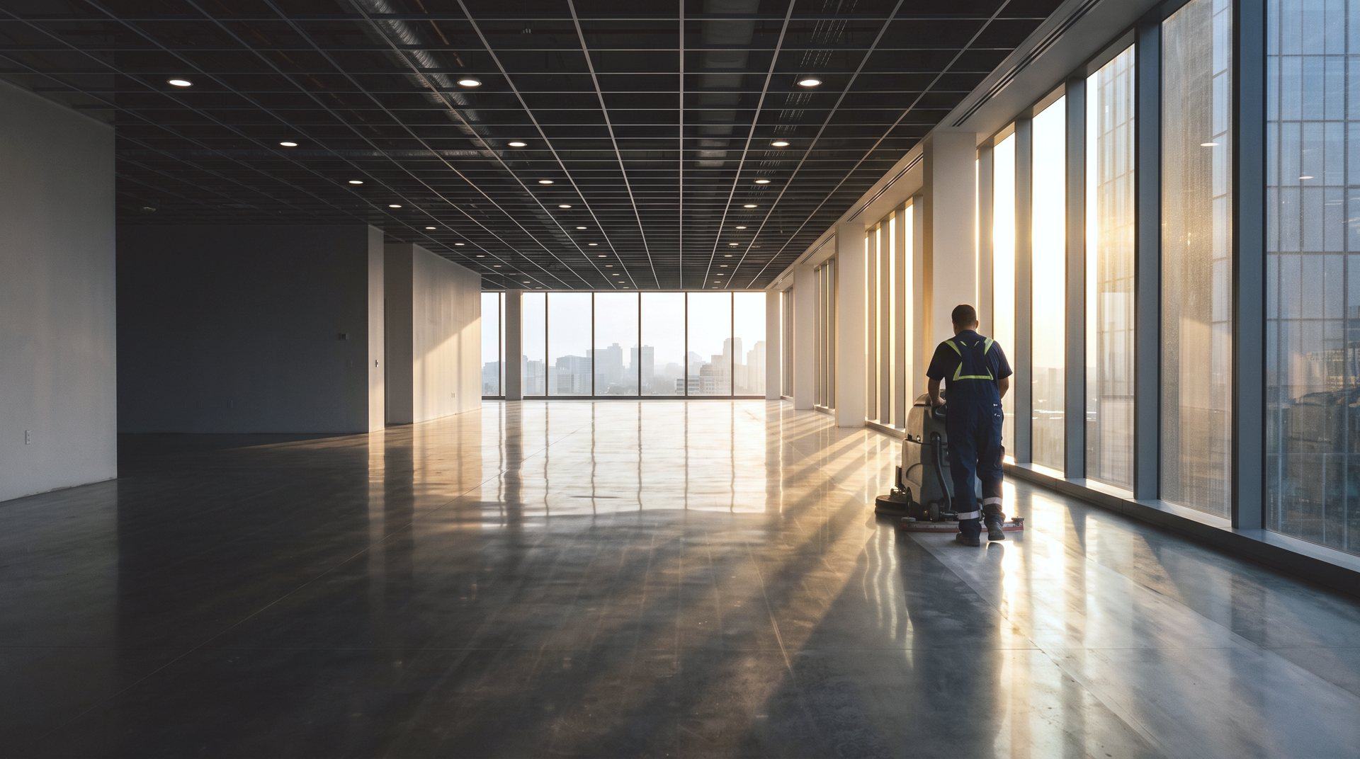 Crew member running a commercial floor scrubber across a finished office floor at sunrise
