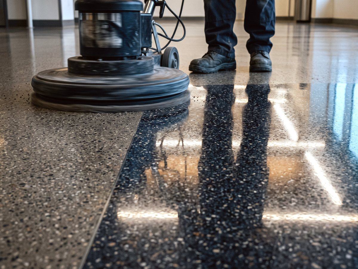 Commercial burnisher bringing a hard floor up to a polished finish