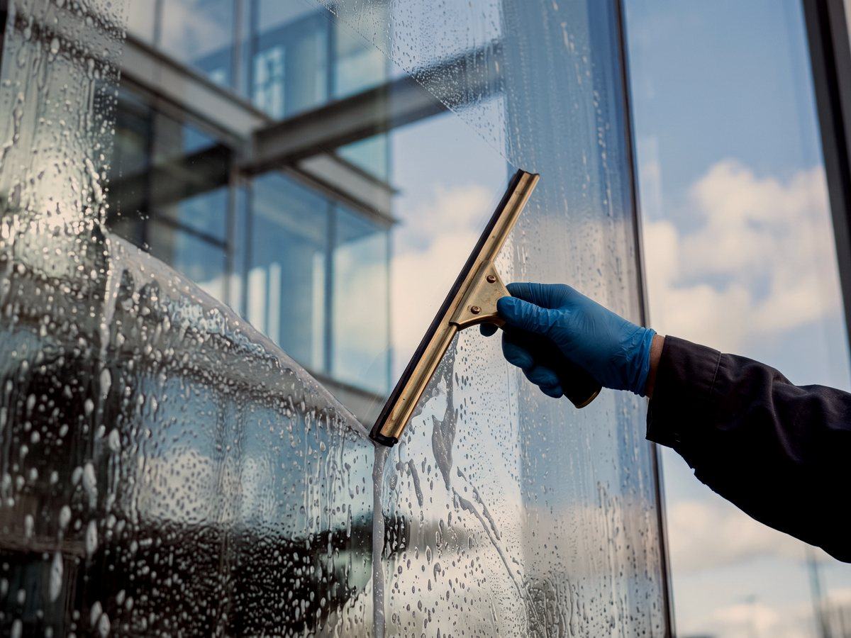 Squeegee pulling a clean streak free band down a commercial storefront window