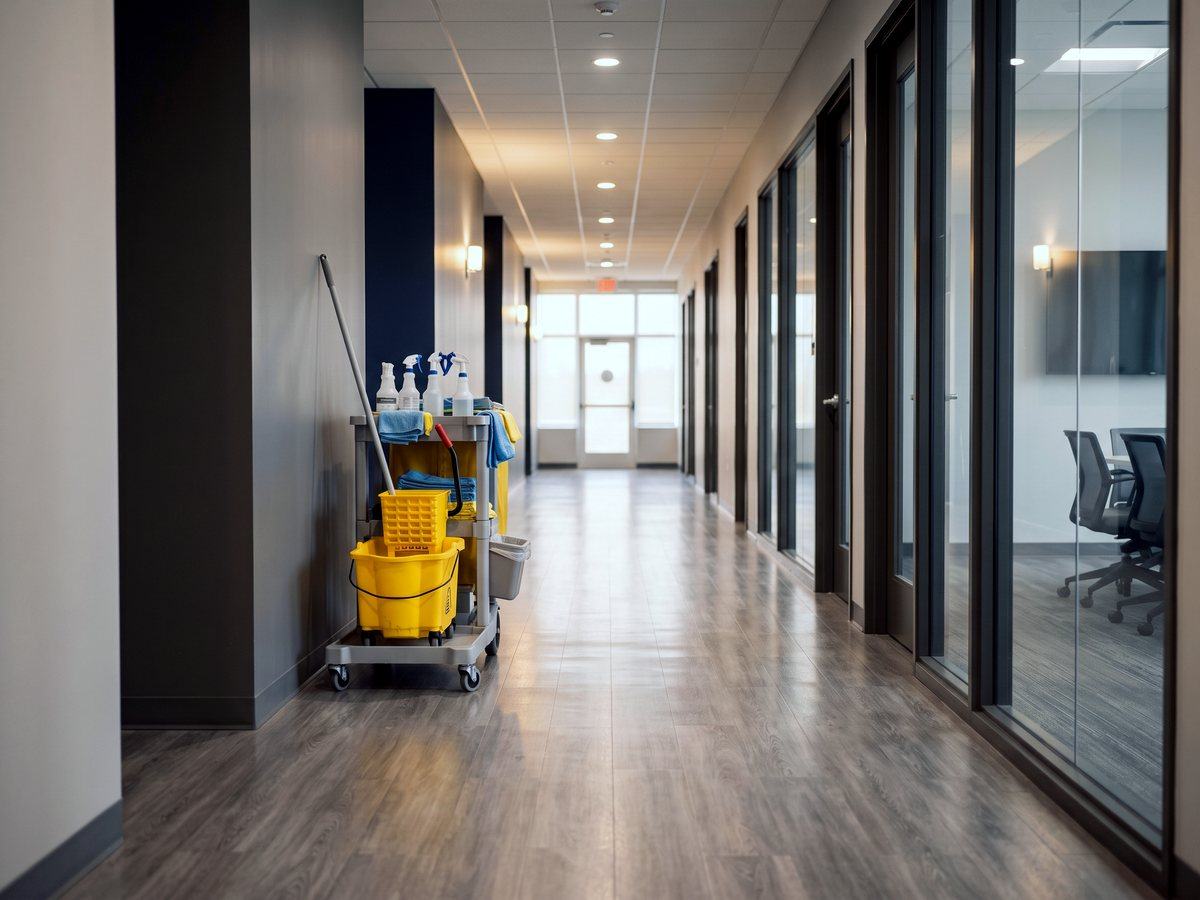 Janitorial cart in an office corridor during an early morning scheduled clean