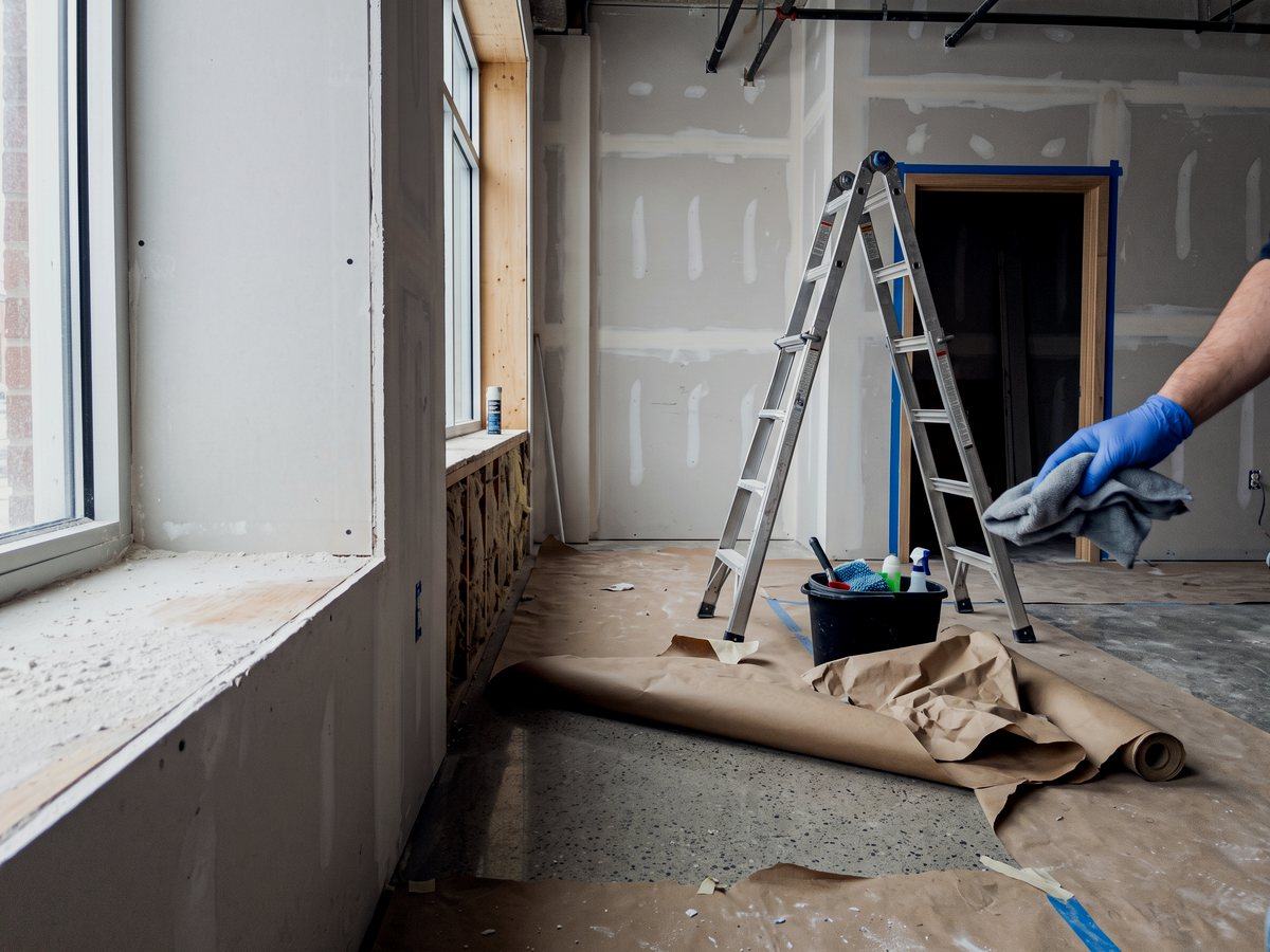 Final post construction clean in a new commercial space, floor protection pulled back and dust wiped from window ledges
